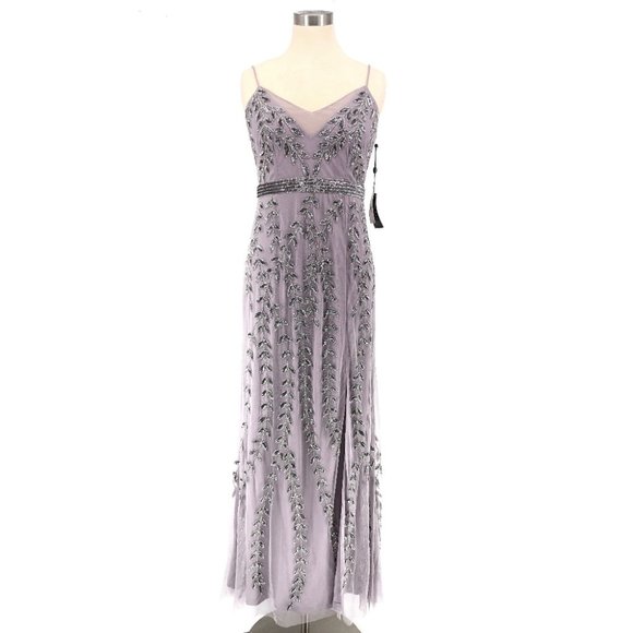 Adrianna Papell Vine Beaded Illusion V-Neck Gown - Picture 2 of 8